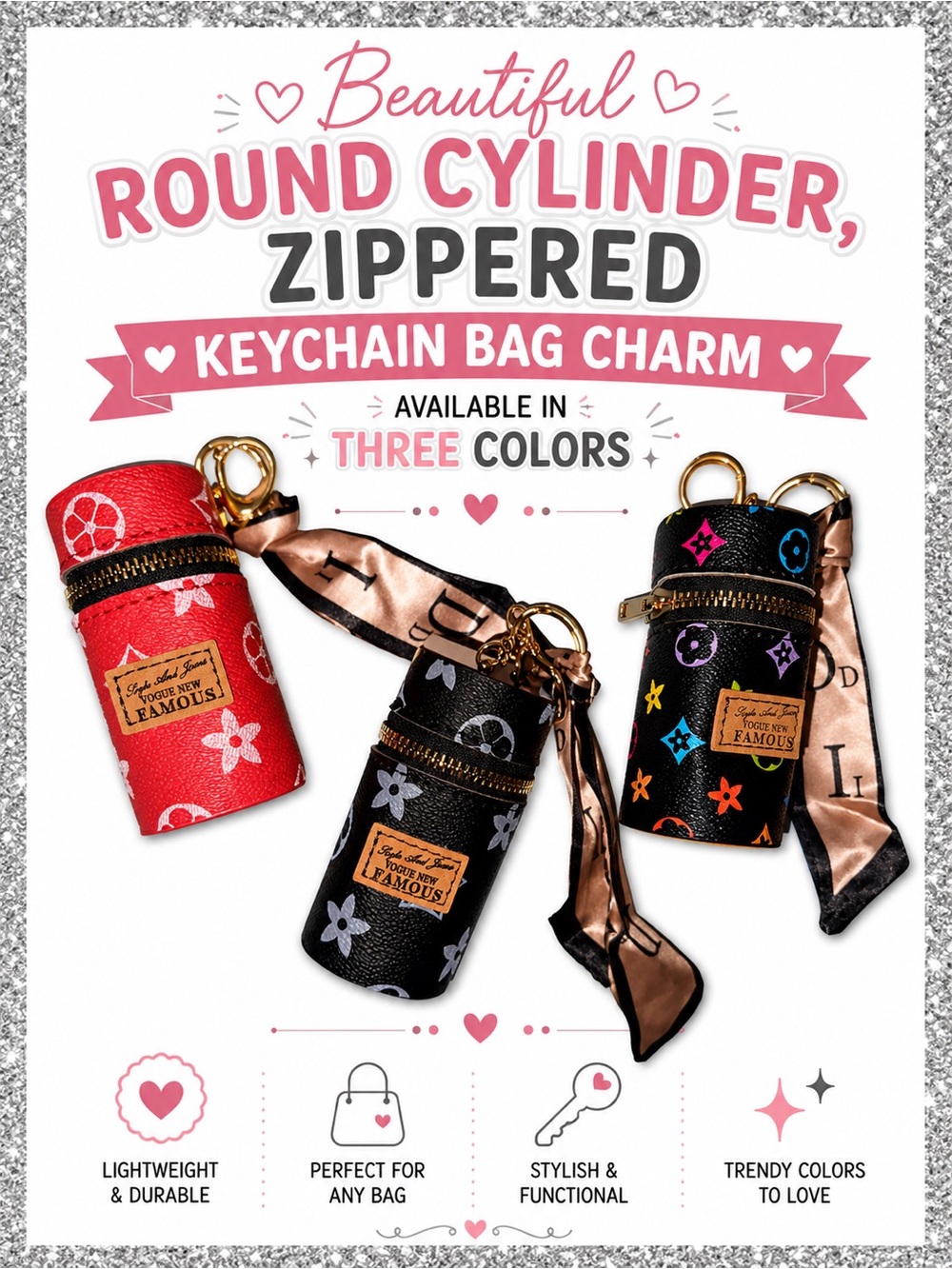 Round Cylinder Zippered Keychain Bag Charm - Black, Red & Multi Color
